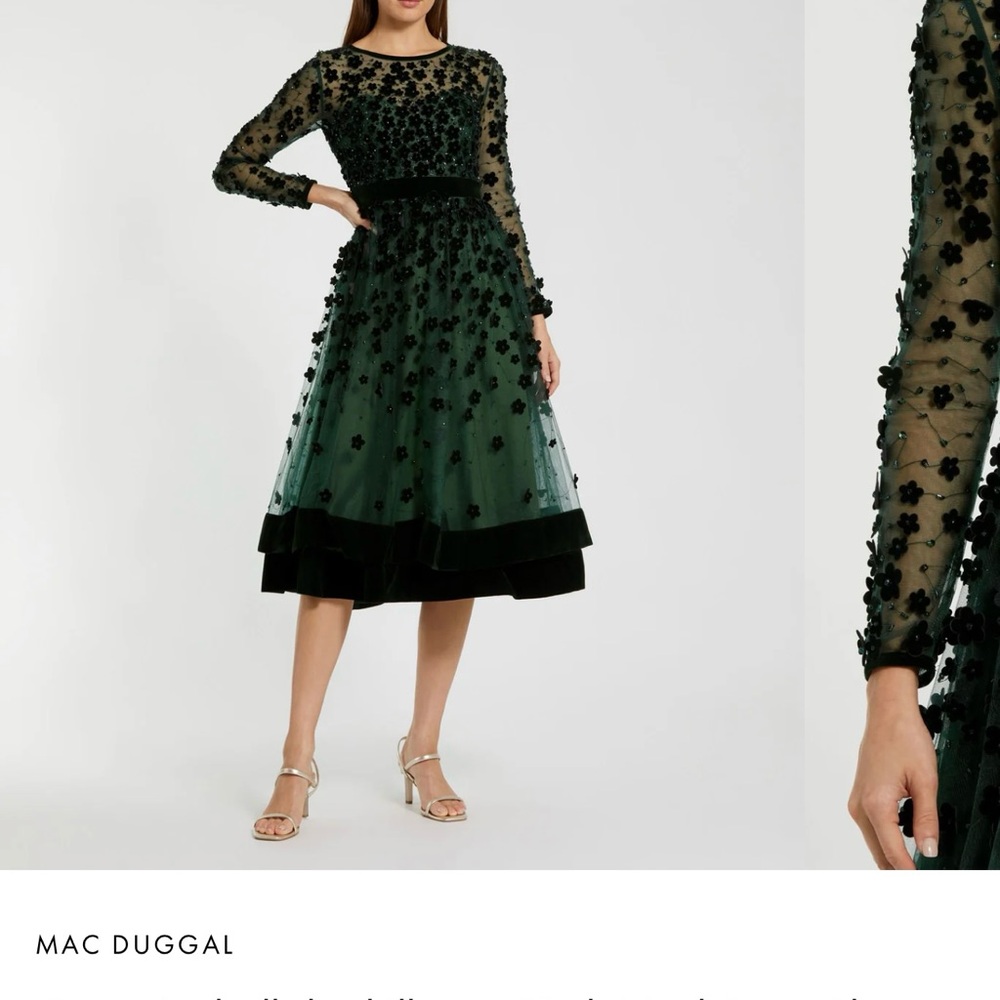 Mac Duggal Green A-Line Cocktail Dress with Bishop Sleeves